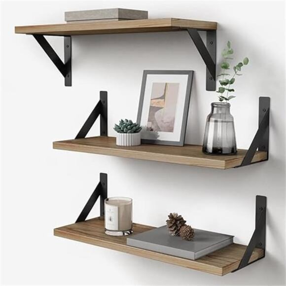 Floating Shelves with Black Metal Brackets Set of 3, Light Wood Wall Bookshelf - Picture 8 of 8